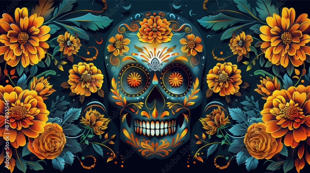 Celebrating Dia de Muertos: Vibrant Sugar Skull and Marigold Flowers on Dark Background Celebrating Dia de Muertos: Vibrant Sugar Skull and Marigold Flowers on Dark Background