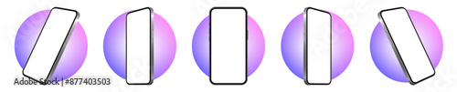Mockup of a phone screen. Social media promotion. Advertising on a smartphone display. Device front view. 3D mobile phone. Cell phone. Pink and purple gradient bubble	