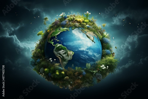 Conceptual design of a green, sustainable earth thriving with diverse ecosystems © juliars