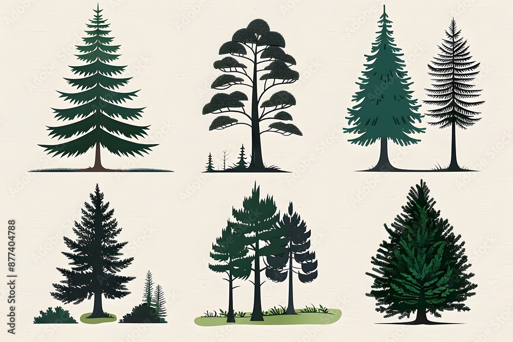 Obraz premium Various Evergreen Trees with Different Species and Foliage