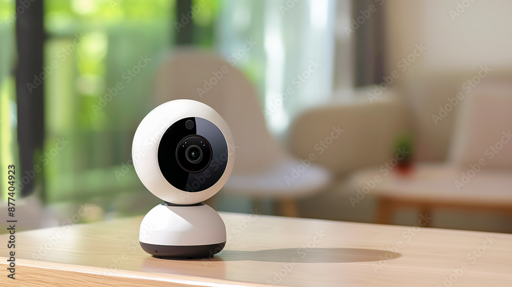 Modern sleek indoor CCTV security camera placed on a wooden surface in a bright, stylish home setting.