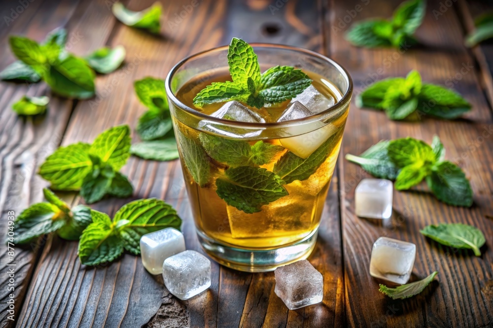 Mint tea in long glass with ice cubes Mint tea in long glass with ice cubes