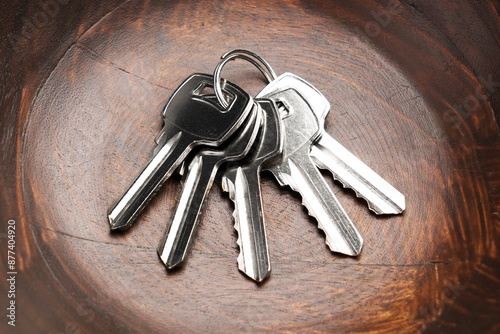 Fotografi A bunch of metal keys to the apartment door lies in a wooden bowl