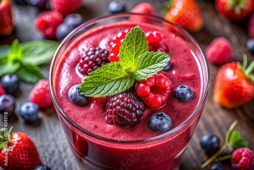 Red berries smoothie on wooden desk