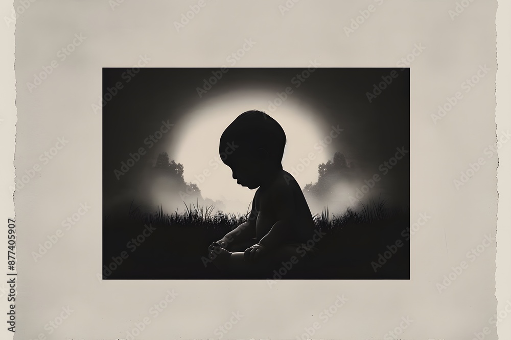 Silhouette of a pensive child sitting alone at sunset, framed by a glowing orb of light. Silhouette of a pensive child sitting alone at sunset, framed by a glowing orb of light.