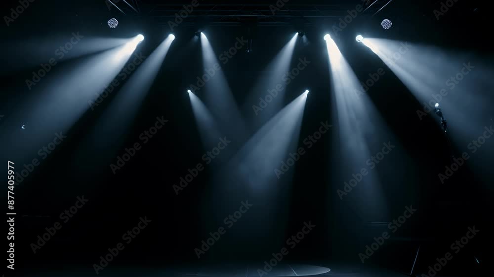 Concert stage with smoke and light. Empty space with spotlights and neon illumination. AI-generated.