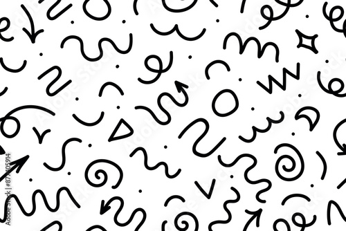 Seamless pattern of straight and wavy marker lines. Highlighting elements, illustrations of permanent markers in the form of checkmarks, arrows in different directions. Attractive visual effects for g