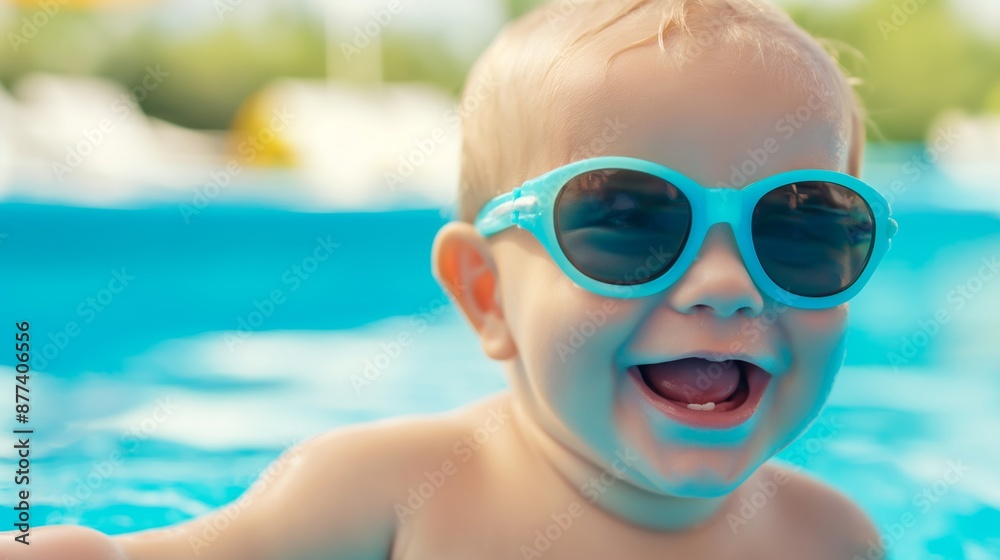 A baby wearing sunglasses and smiling in a pool A baby wearing sunglasses and smiling in a pool
