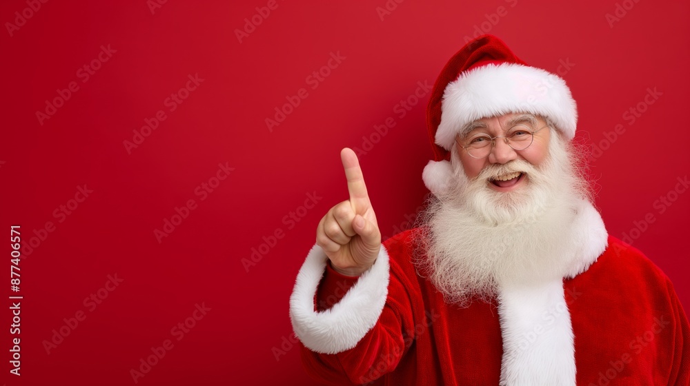 A smiling Santa Claus pointing to the camera with his finger. The image has a festive and joyful mood, as it is a Christmas-themed photo A smiling Santa Claus pointing to the camera with his finger. The image has a festive and joyful mood, as it is a Christmas-themed photo