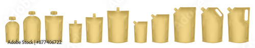 Spouted pouch with handle. Set of gold doypack packaging with screw cap. Stand up doy pack mock up set. Laundry detergent refill. Fruit puree, baby food	
