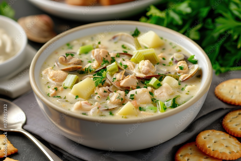 Steaming Bowl of New England Clam Chowder with Clams, Potatoes, and Celery in a Creamy Broth, Served with Oyster Crackers Steaming Bowl of New England Clam Chowder with Clams, Potatoes, and Celery in a Creamy Broth, Served with Oyster Crackers
