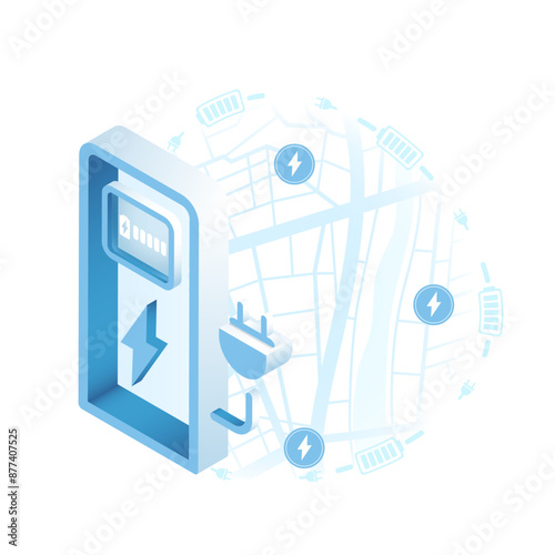 Search charging station online with mobile phone app. Location mark on gps navigation isometric map on smartphone application. POI fast supercharger station. EV destination tag. Vector illustration