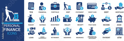 Personal finance icon set. Containing budget, savings, expense, income, tax, loan, statement, financial management, mortgage and more. Solid vector icons collection.