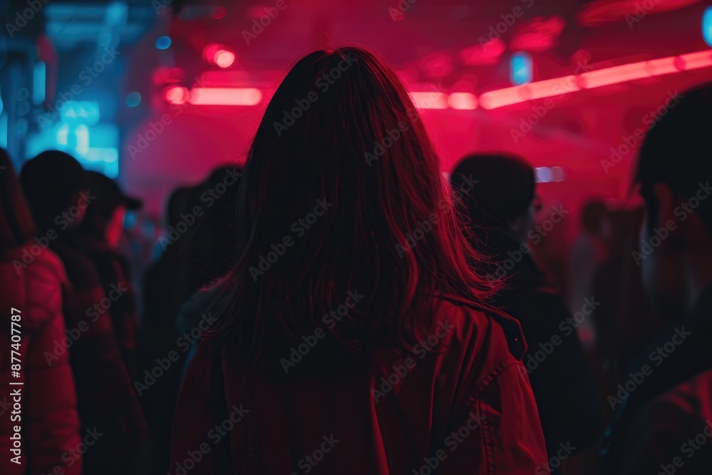 A woman stands in the middle of a crowded nightclub, bathed in red and blue neon lights A woman stands in the middle of a crowded nightclub, bathed in red and blue neon lights