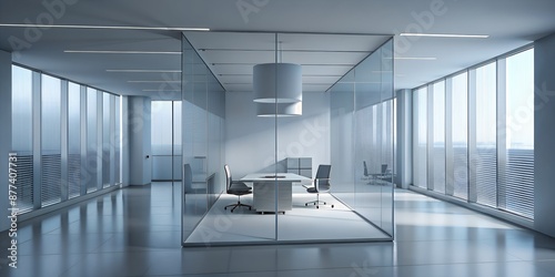 A spacious office with glass walls and chairs.  Office interior with glass wall and seating.