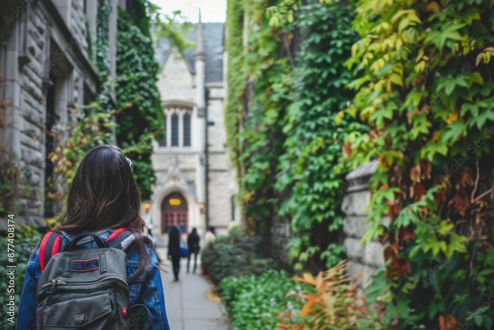 A young woman walks along a stone pathway lined with lush greenery, heading towards a building in the distance A young woman walks along a stone pathway lined with lush greenery, heading towards a building in the distance