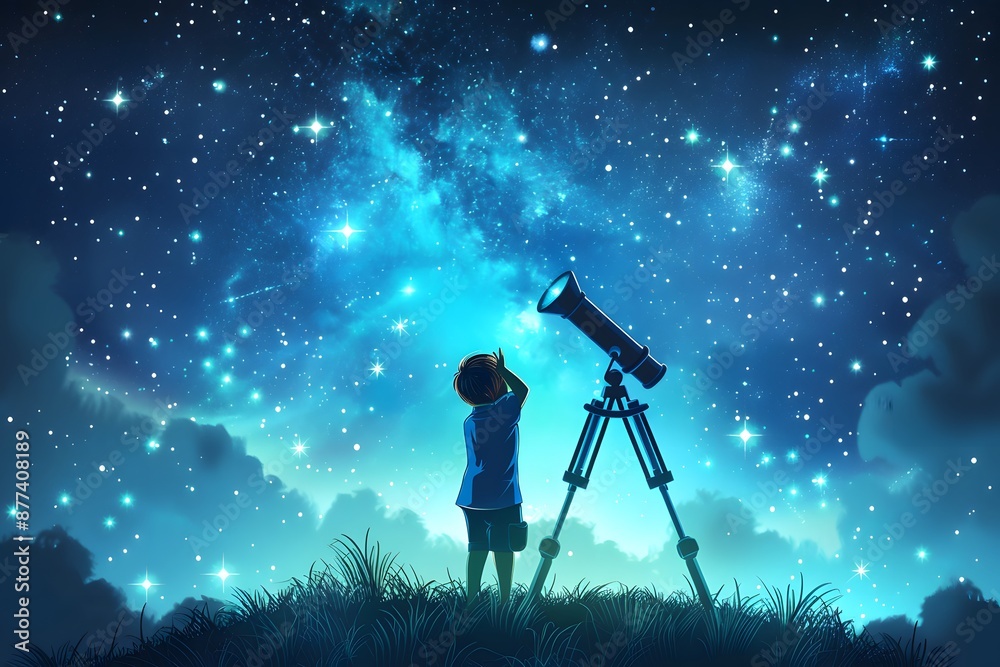 A child gazes at a star-filled sky through a telescope, immersed in the wonders of the universe. A child gazes at a star-filled sky through a telescope, immersed in the wonders of the universe.