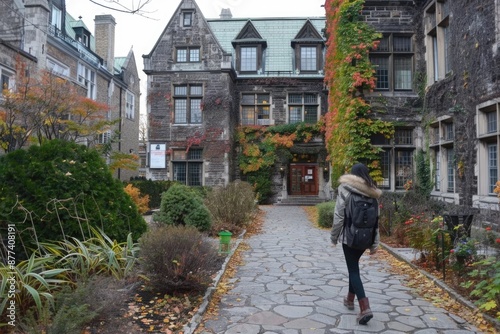 Wallpaper Mural A lone figure walks along a cobblestone path, surrounded by the colorful hues of autumn foliage and the grandeur of a historic university Torontodigital.ca