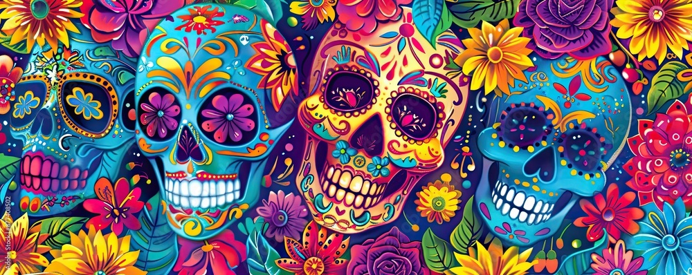 Festive Day of the Dead Calaveras Wallpaper in Vibrant Pop Art Designs for Dia de Muertos Celebrations Festive Day of the Dead Calaveras Wallpaper in Vibrant Pop Art Designs for Dia de Muertos Celebrations
