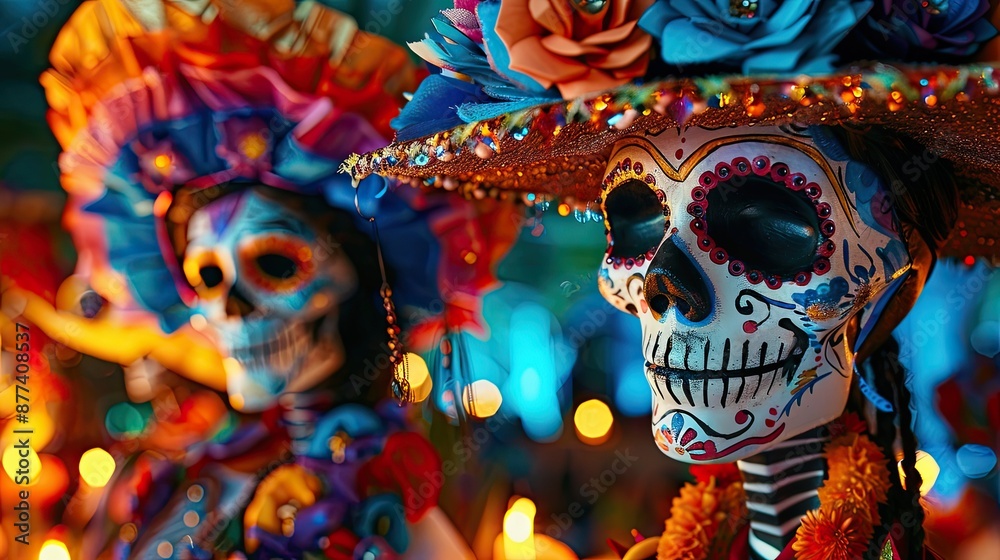 Fototapeta premium Bright and Festive Dia de Muertos Parade with Catrinas - Vibrant Wallpaper with Psychedelic Colors for Day of the Dead Celebration