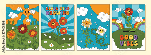 Groovy Flowers Poster Collection. Trendy botanical floral card, postcard set in trendy retro trippy psychedelic hippie 70s 80s style. Vector illustration with sky and sun.