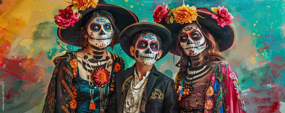 Fototapeta premium Vibrant Day of the Dead Family Portrait in Watercolor Style - Celebrating Dia de Muertos in Traditional Attire with Colorful Face Paint