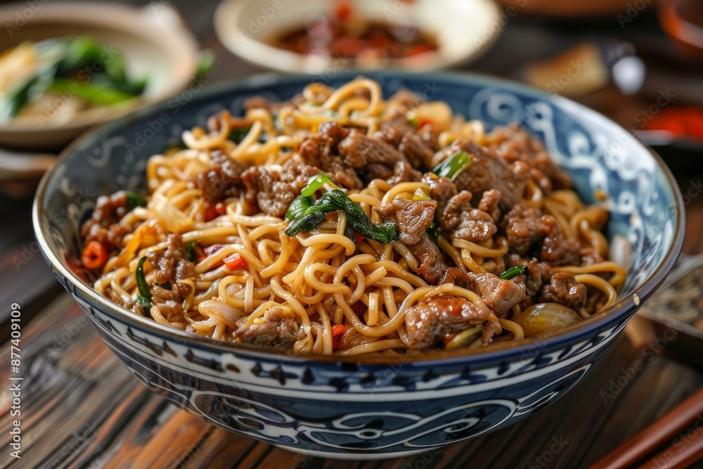 Savory and comforting dish of stir fried noodles and beef, seasoned to perfection with chinese spices and fresh herbs Savory and comforting dish of stir fried noodles and beef, seasoned to perfection with chinese spices and fresh herbs