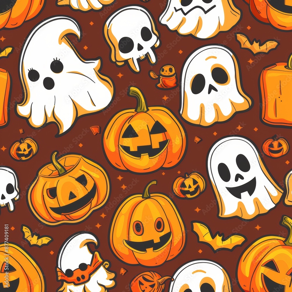 Obraz premium Grunge Vector illustration with pumpkin, ghost, skull and vampire monster. Halftone 90s vintage elements for mixed media design.