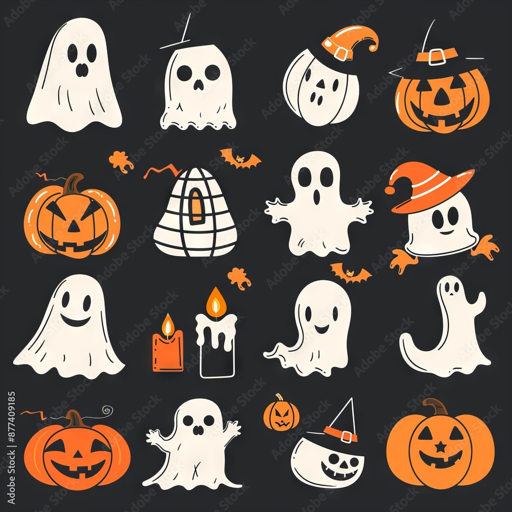 Fototapeta premium Grunge Vector illustration with pumpkin, ghost, skull and vampire monster. Halftone 90s vintage elements for mixed media design.