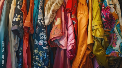 Close up of colorful clothes in second hand clothing shop, charity shop, thrift store, street market. Generative AI