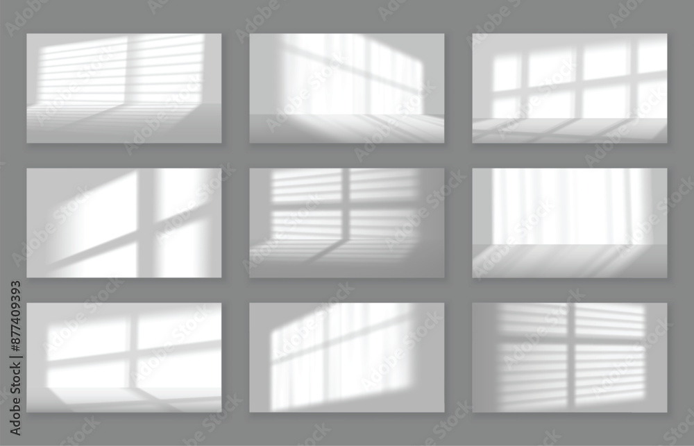 Realistic studio shadow backgrounds. Natural lighting effect shadows cast by window frames and blinds gobo on wall and floor vector set