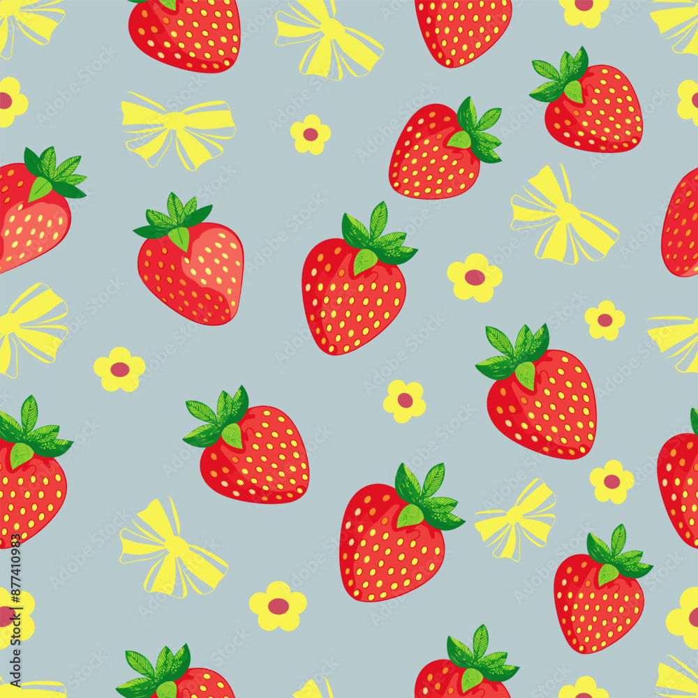 seamless pattern of strawberry, yellow daisy flower and yellow bow, pastel blue background , vector , illustration seamless pattern of strawberry, yellow daisy flower and yellow bow, pastel blue background , vector , illustration