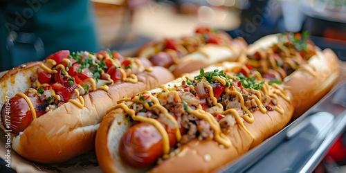 Elevated Street Food Gourmet Hot Dogs with Creative Toppings. Concept Gourmet Hot Dogs, Creative Toppings, Elevated Street Food, Food Photography, Culinary Innovation photo