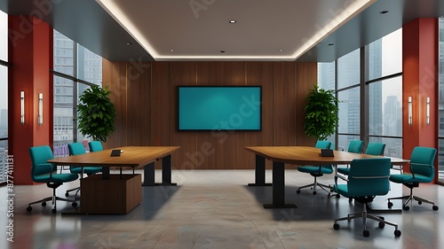 3d rendering corporate business creative meeting room on high rise office building with colorful decor furniture.