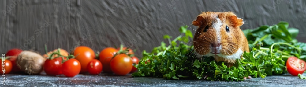 Guinea pig munching on fresh garden greens, blank background, pet plants with copy space