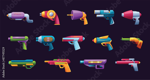Futuristic cartoon blasters. Sci fi ray guns, space age weapons cartoon game design assets vector set