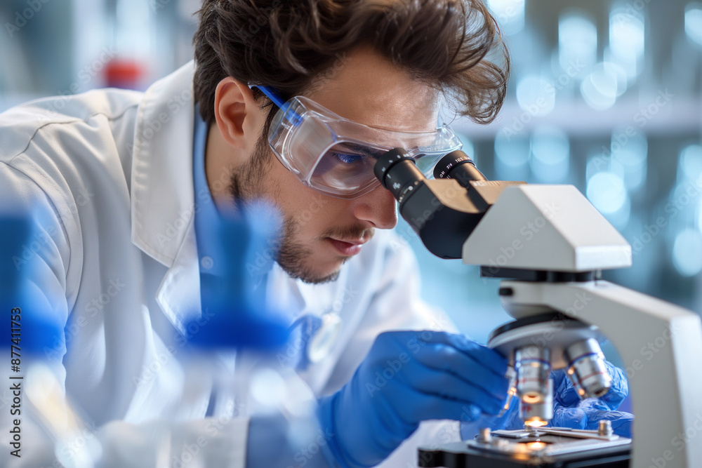 A scientist with a Microscope, in a bright laboratory A scientist with a Microscope, in a bright laboratory