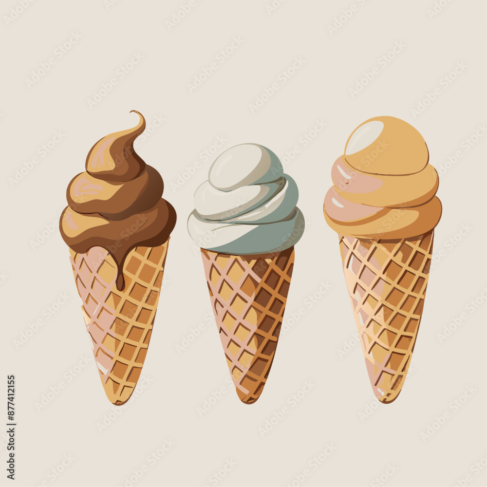 A set of ice cream in a waffle cone Chocolate vanilla caramel Sweets vector illustration (14)