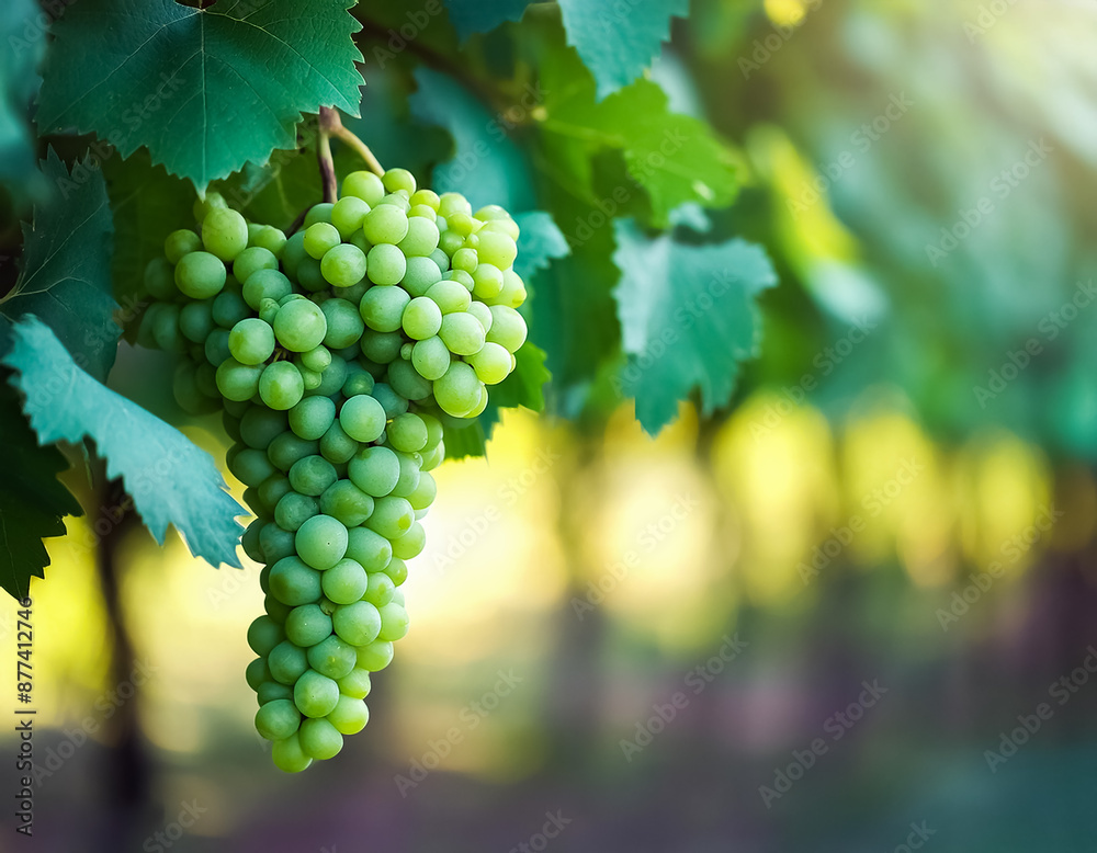 Obraz premium Sweet fresh green grapes fruit still hanging on the tree.