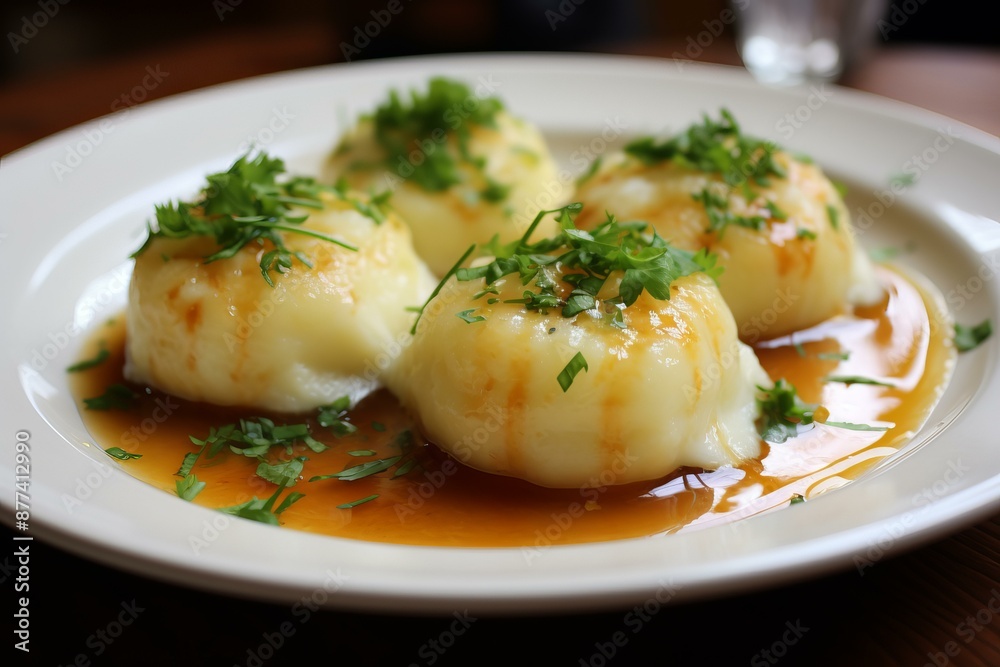 Close-up of savory cheese dumplings topped with fresh herbs and sauce on a white plate Close-up of savory cheese dumplings topped with fresh herbs and sauce on a white plate