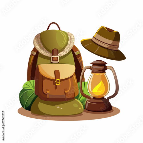 Camping tourist backpack hat kerosene lamp vector illustration cartoon style Concept of travel (4)