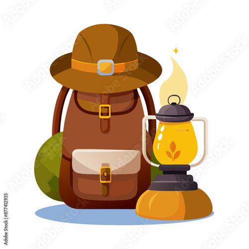 Camping tourist backpack hat kerosene lamp vector illustration cartoon style Concept of travel (20)