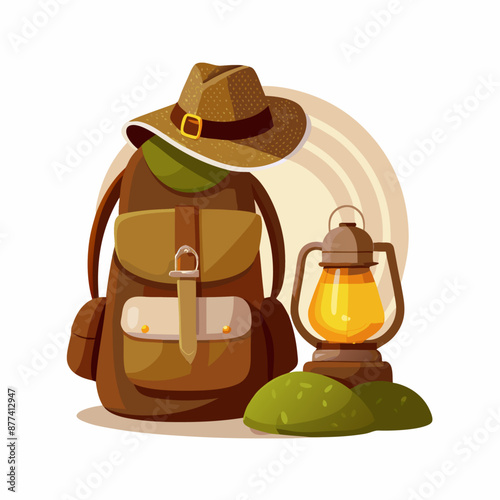 Camping tourist backpack hat kerosene lamp vector illustration cartoon style Concept of travel (1)