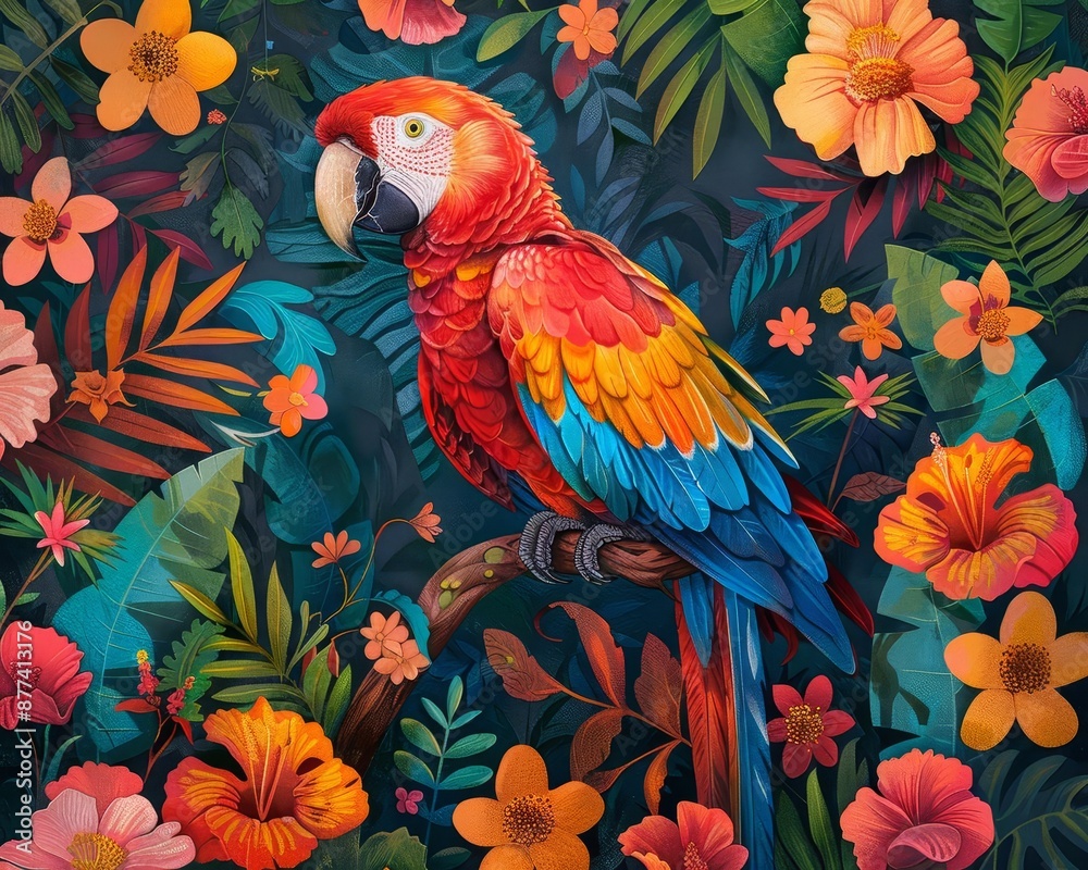 Obraz premium Parrot amidst bright summer flowers and plants, empty area above, pet plants, vibrant and colorful