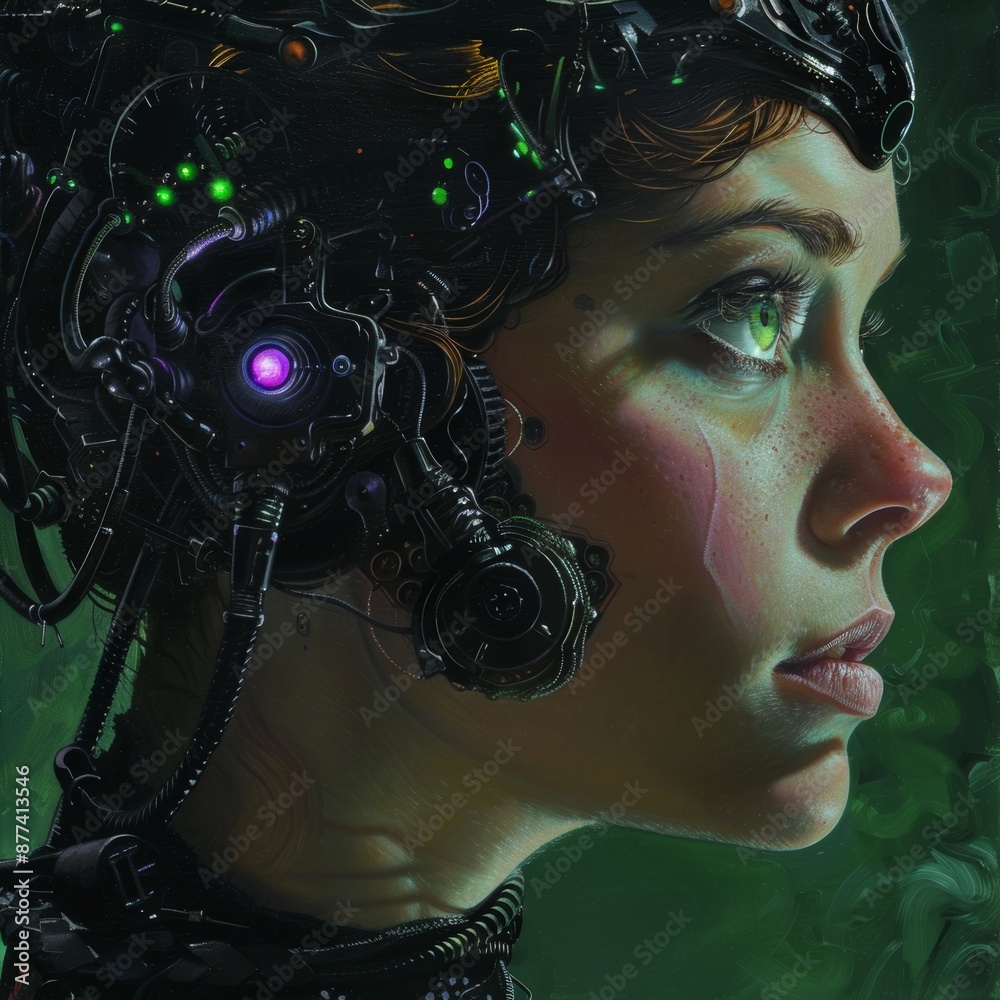 Futuristic portrait of a woman with cybernetic features and glowing elements in a green environment Futuristic portrait of a woman with cybernetic features and glowing elements in a green environment
