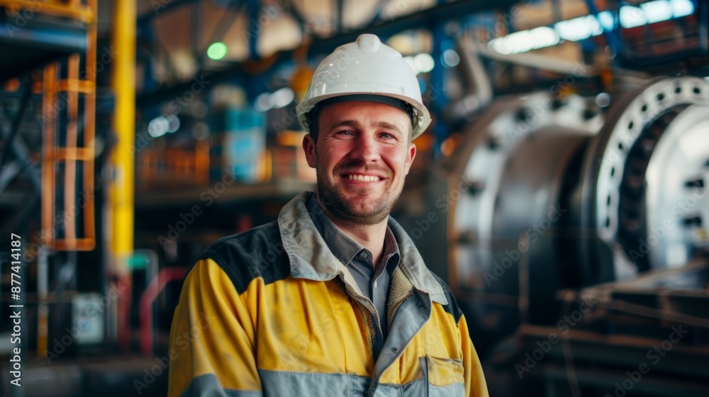 Professional Heavy Industry Engineer/Worker with a smile, wearing a hard hat and safety uniform portrait. Large Industrial Factory in the Background with Unfocus Professional Heavy Industry Engineer/Worker with a smile, wearing a hard hat and safety uniform portrait. Large Industrial Factory in the Background with Unfocus