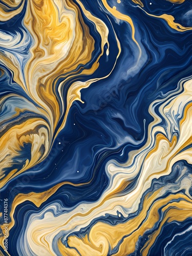 Sophisticated abstract fluid art with flowing patterns of blue, gold, and white, creating a luxurious and modern visual appeal. 