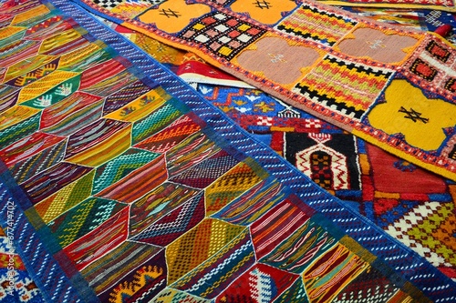 Textiles and cloths in a market in Morocco 