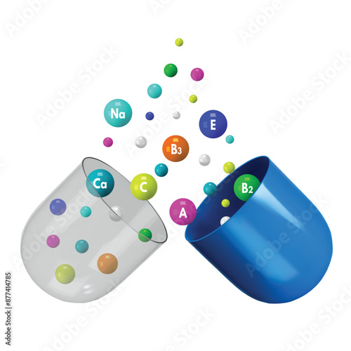 Multivitamin capsule pill. Open capsule shell with colorful complex vitamin granules and mineral pellets. Nutritional supplement isolated 3D. Medicine and pharma vector illustration.