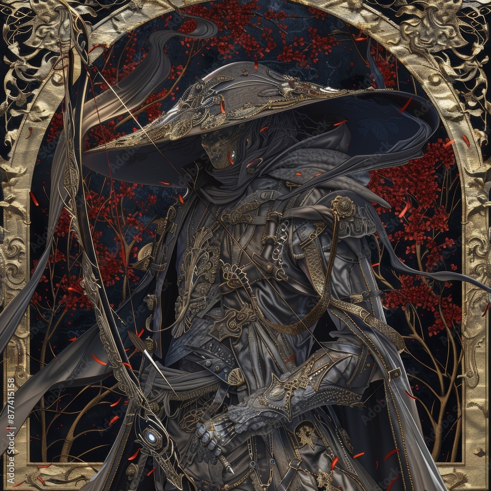 Mysterious figure in dark armor with elaborate details stands under an ornate archway in a dimly lit environment Mysterious figure in dark armor with elaborate details stands under an ornate archway in a dimly lit environment